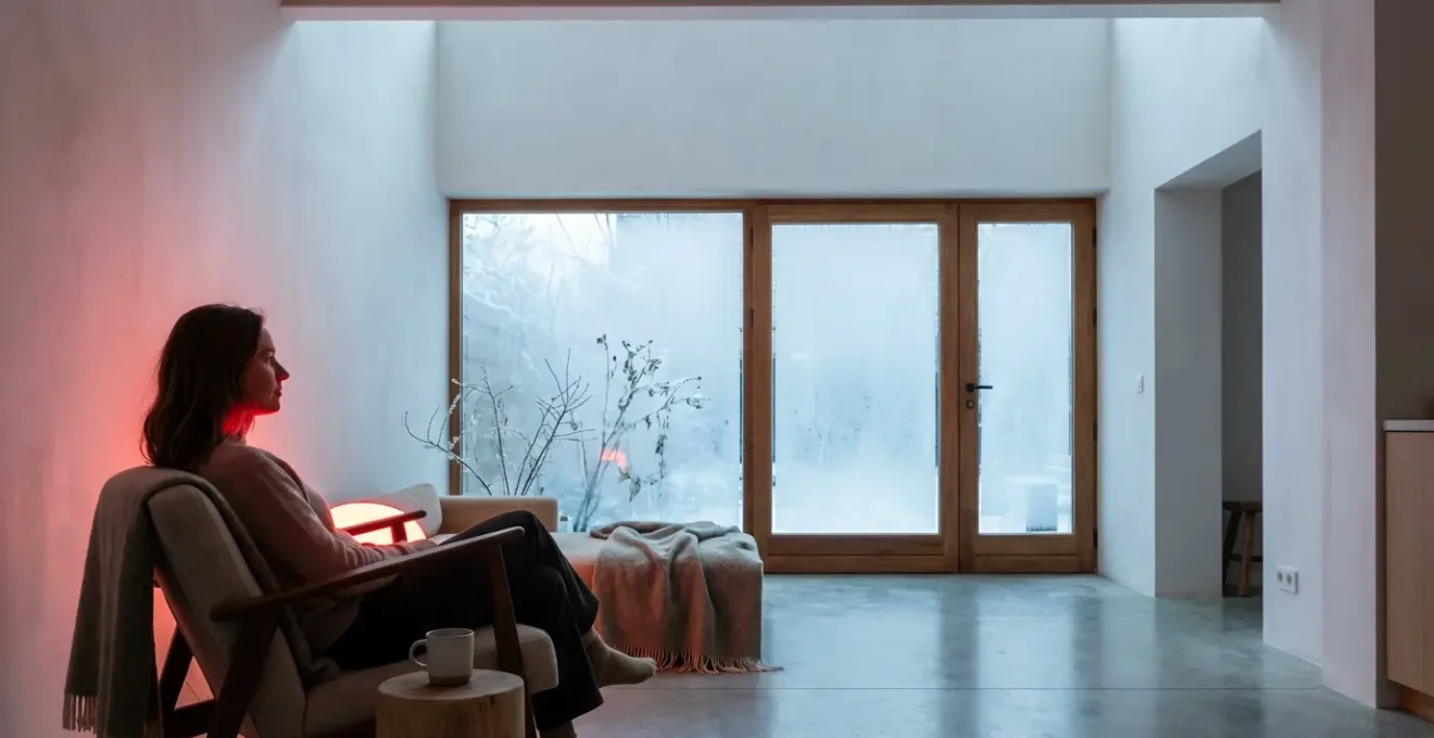 Profil de femme sous lumière rouge thérapeutique douce dans un intérieur minimaliste