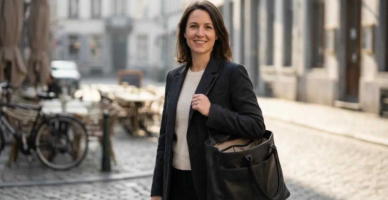 Maman élégante tenant un cabas moderne avec détails pratiques, entre vie professionnelle et maternité
