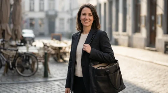 Maman élégante tenant un cabas moderne avec détails pratiques, entre vie professionnelle et maternité