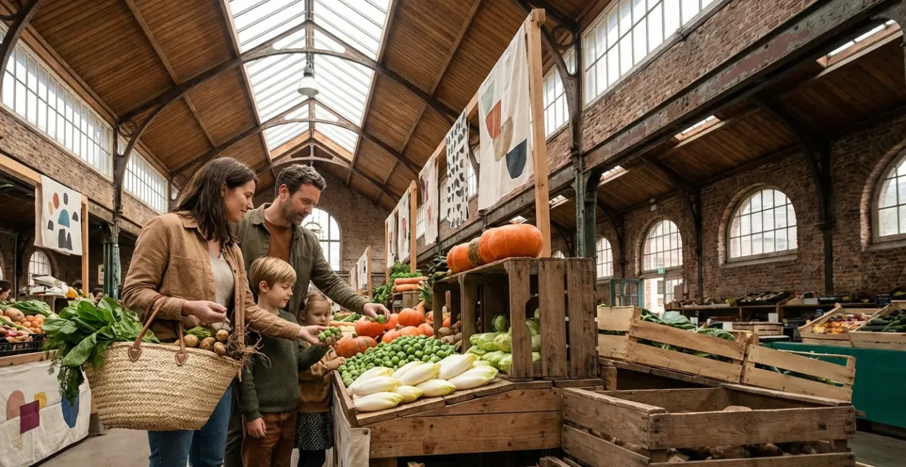 Famille belge faisant ses courses bio avec un caddie rempli de légumes locaux dans un marché couvert