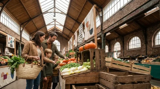 Famille belge faisant ses courses bio avec un caddie rempli de légumes locaux dans un marché couvert