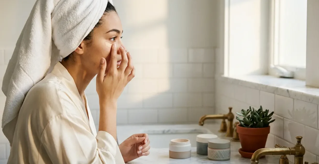 Femme appliquant un maquillage naturel devant un miroir avec lumière douce du matin