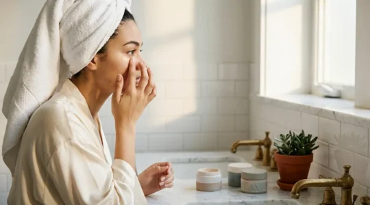Femme appliquant un maquillage naturel devant un miroir avec lumière douce du matin