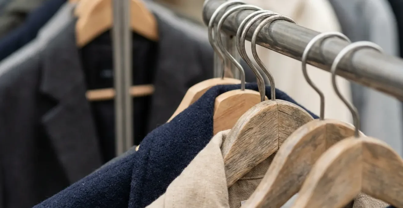 Penderie organisée avec cintres retournés dans un dressing belge