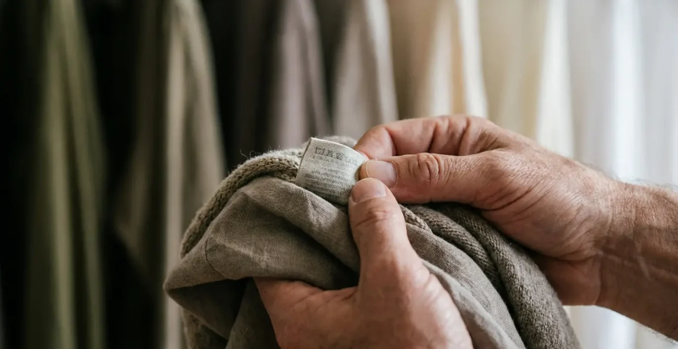 Main analysant l'étiquette d'un vêtement en gros plan avec des tissus naturels en arrière-plan