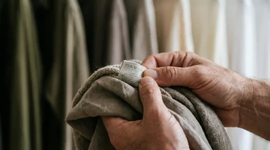 Main analysant l'étiquette d'un vêtement en gros plan avec des tissus naturels en arrière-plan