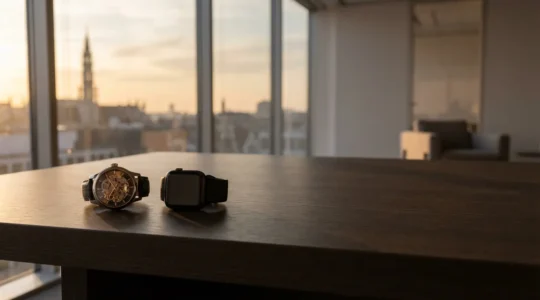 Montres de luxe mécanique et connectée côte à côte sur bureau de direction en chêne avec skyline de Bruxelles en arrière-plan