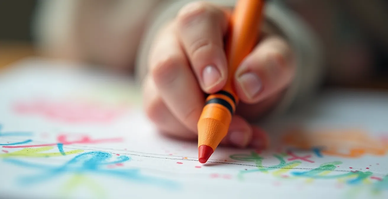 Gros plan macro sur une main d'enfant tenant un gros crayon triangulaire ergonomique