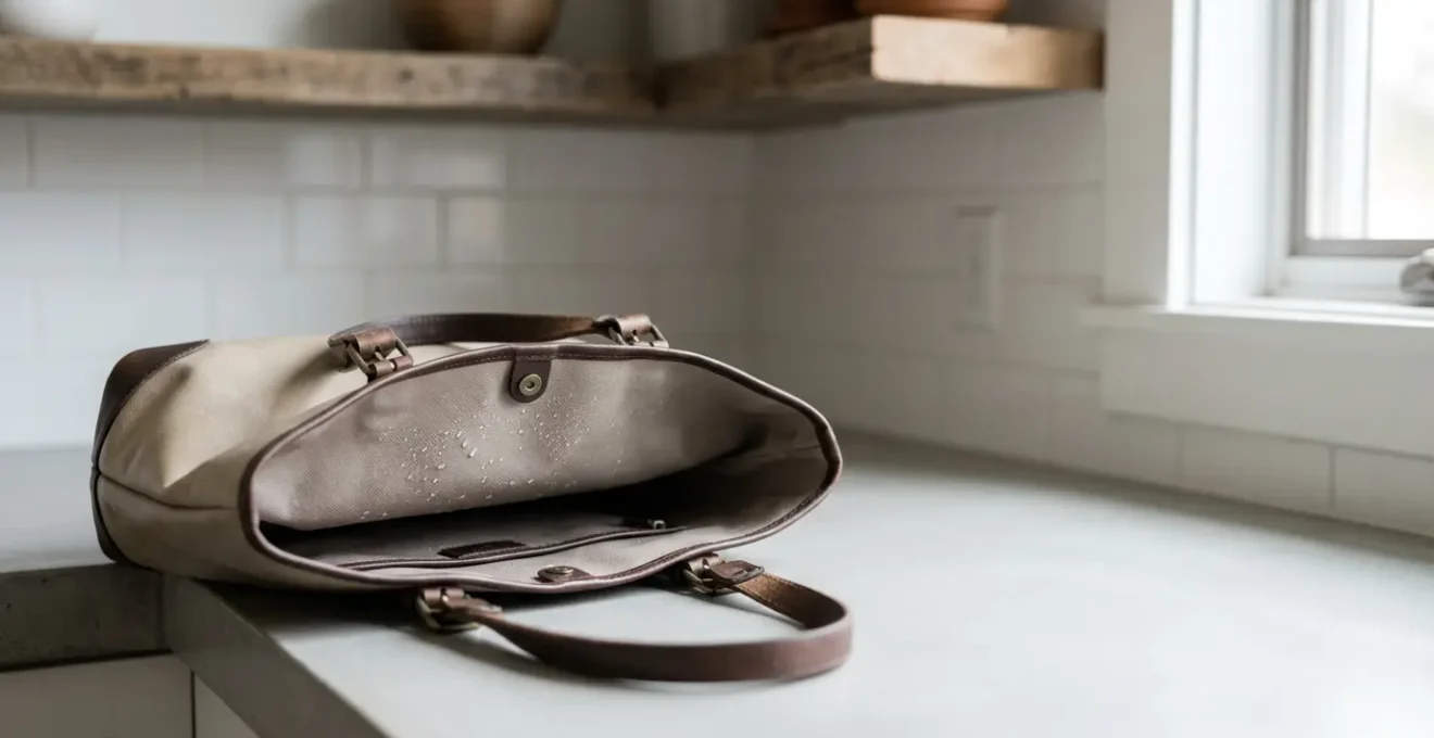 Cabas posé ouvert montrant l'intérieur avec différents matériaux et textures visibles