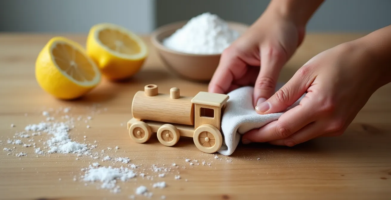 Mains nettoyant délicatement un jouet en bois avec produits naturels sur une table