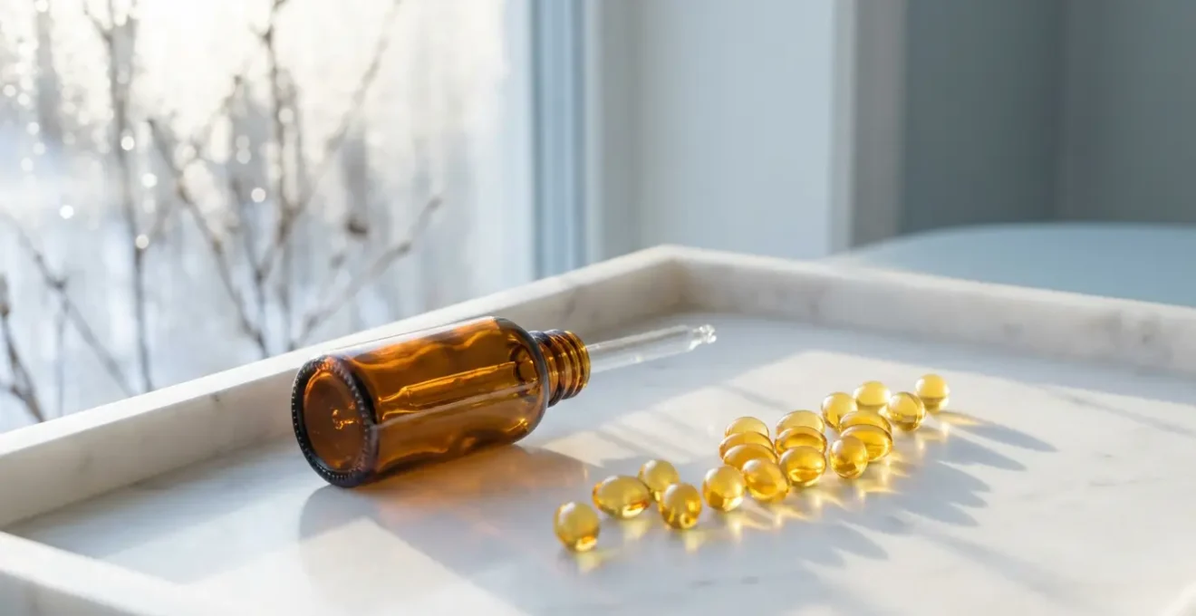 Nature morte minimaliste avec flacon compte-gouttes ambré et capsules dorées sur plateau de marbre