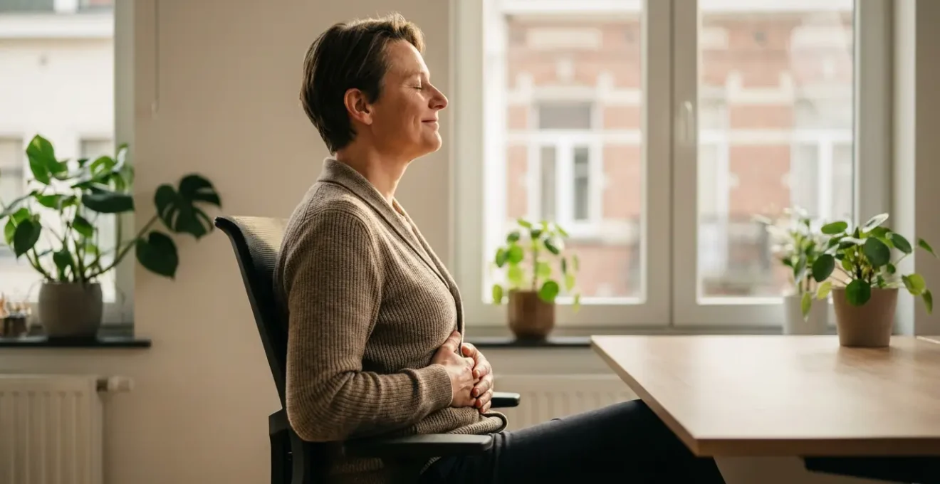 Personne vue de profil pratiquant la cohérence cardiaque dans un environnement de bureau épuré avec plantes vertes