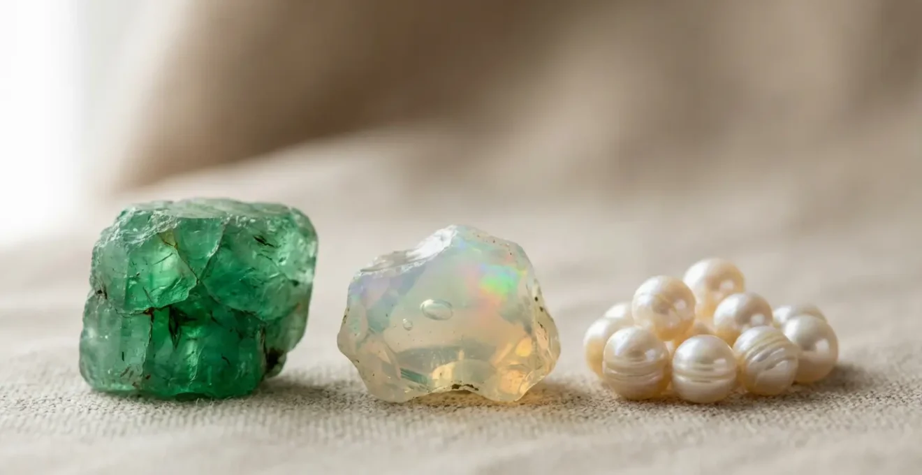 Gros plan macro sur des pierres précieuses fragiles montrant leurs structures délicates et inclusions naturelles