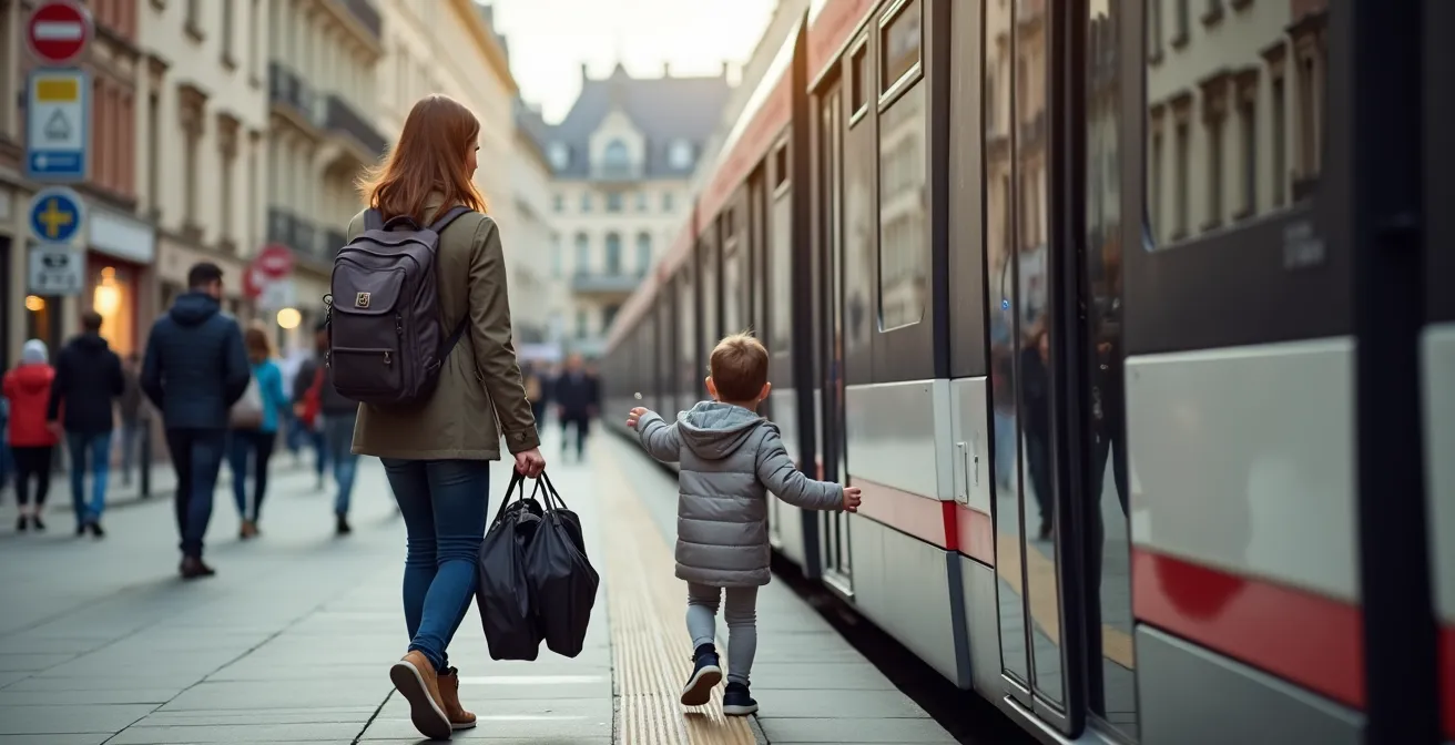 Parents avec poussette compacte pliée entrant dans un tram moderne