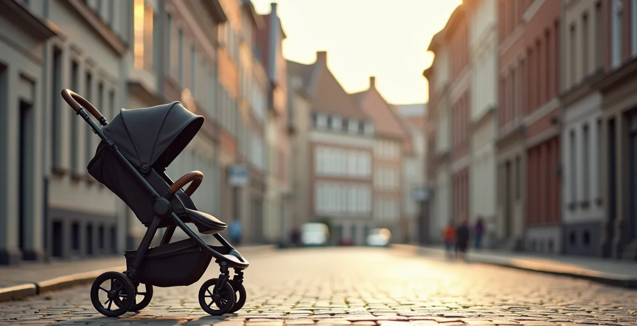 Poussette premium photographiée dans un environnement urbain belge typique