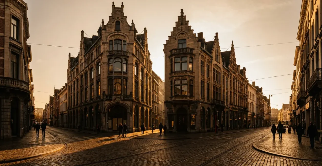 Vue atmosphérique du quartier diamantaire d'Anvers avec architecture caractéristique sans enseignes visibles