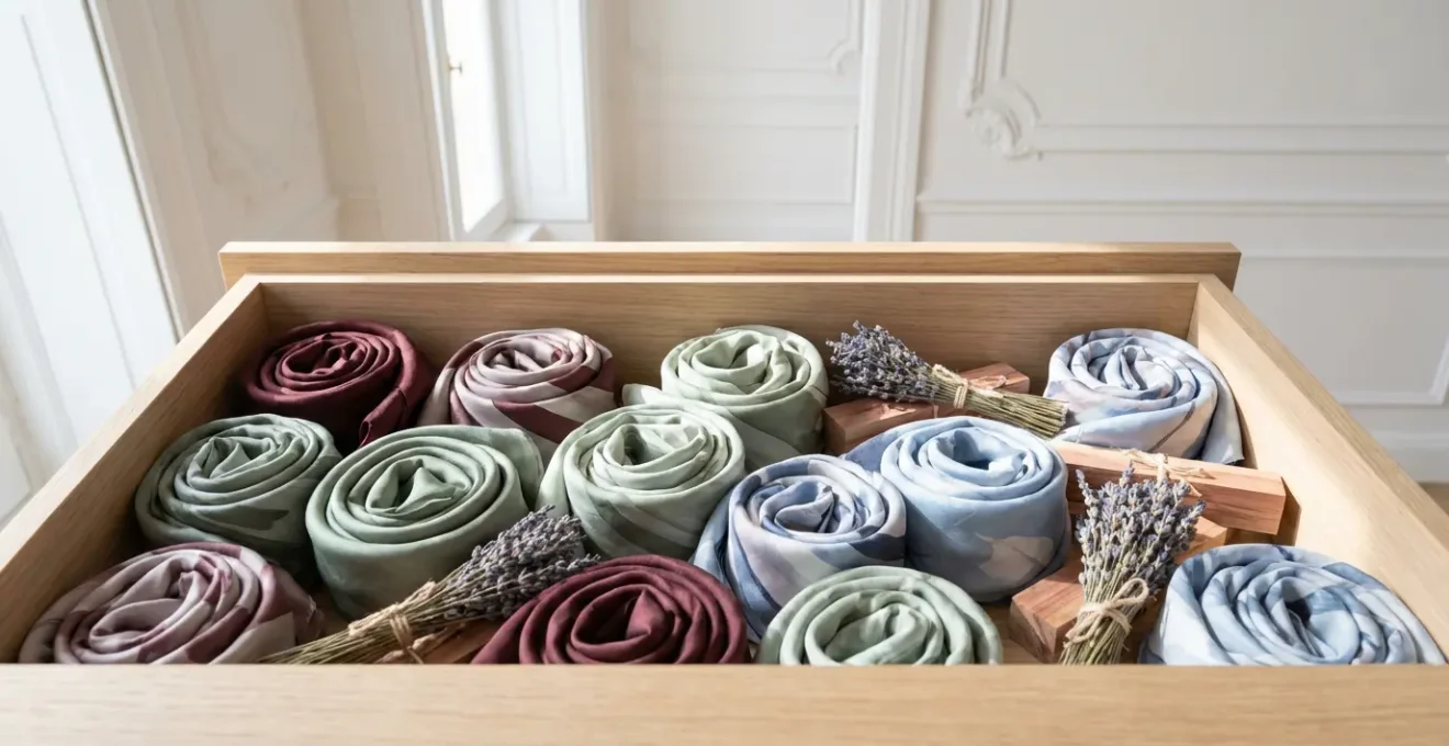 Vue plongeante d'un tiroir organisé avec des foulards en soie roulés et rangés méthodiquement