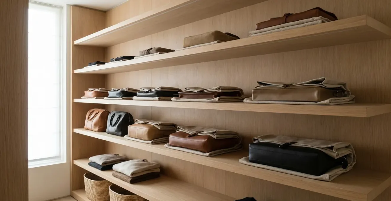 Sacs en cuir correctement rangés sur étagères avec rembourrage approprié
