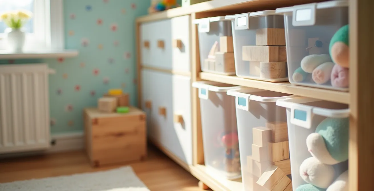 Système de rangement modulaire avec bacs transparents étiquetés dans une chambre d'enfant belge