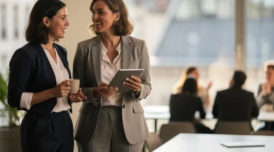 Femmes entrepreneures lors d'un événement de réseautage professionnel à Bruxelles, échanges et connexions dans un espace moderne