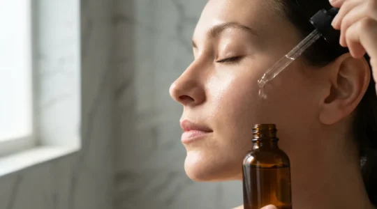 Portrait rapproché d'une femme appliquant délicatement un sérum sur sa joue avec un compte-gouttes en verre ambré