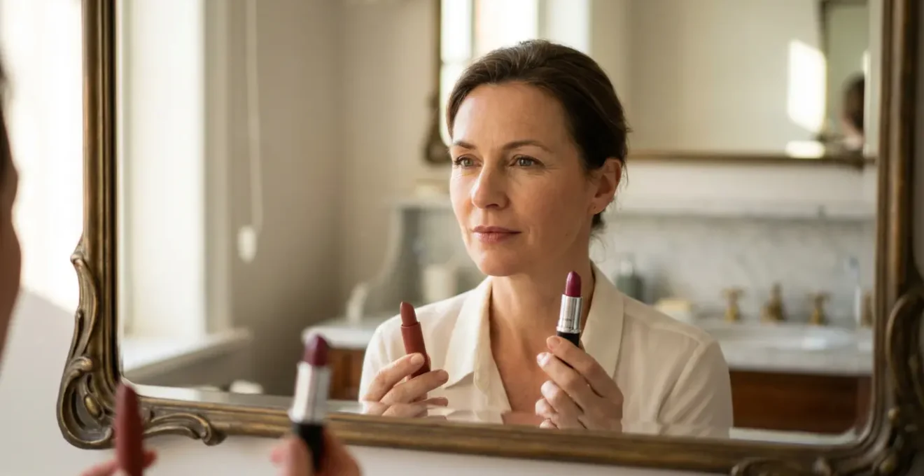 Portrait d'une femme élégante de 45 ans aux cheveux châtains, testant deux teintes de rouge à lèvres différentes