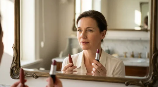 Portrait d'une femme élégante de 45 ans aux cheveux châtains, testant deux teintes de rouge à lèvres différentes