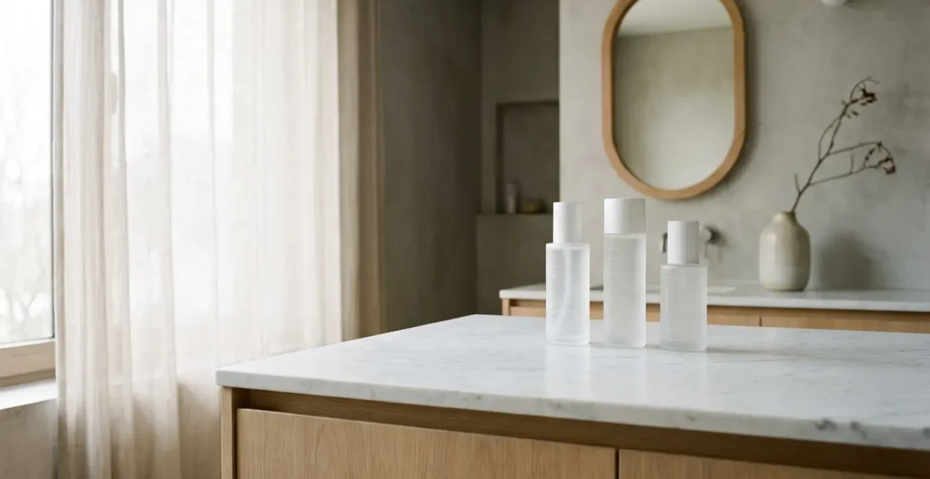 Vue minimaliste de trois produits de soin disposés avec élégance sur une surface en marbre blanc, éclairage naturel doux