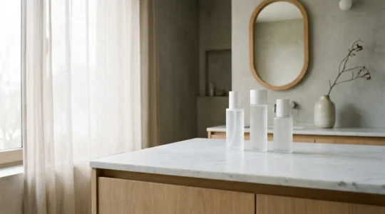 Vue minimaliste de trois produits de soin disposés avec élégance sur une surface en marbre blanc, éclairage naturel doux