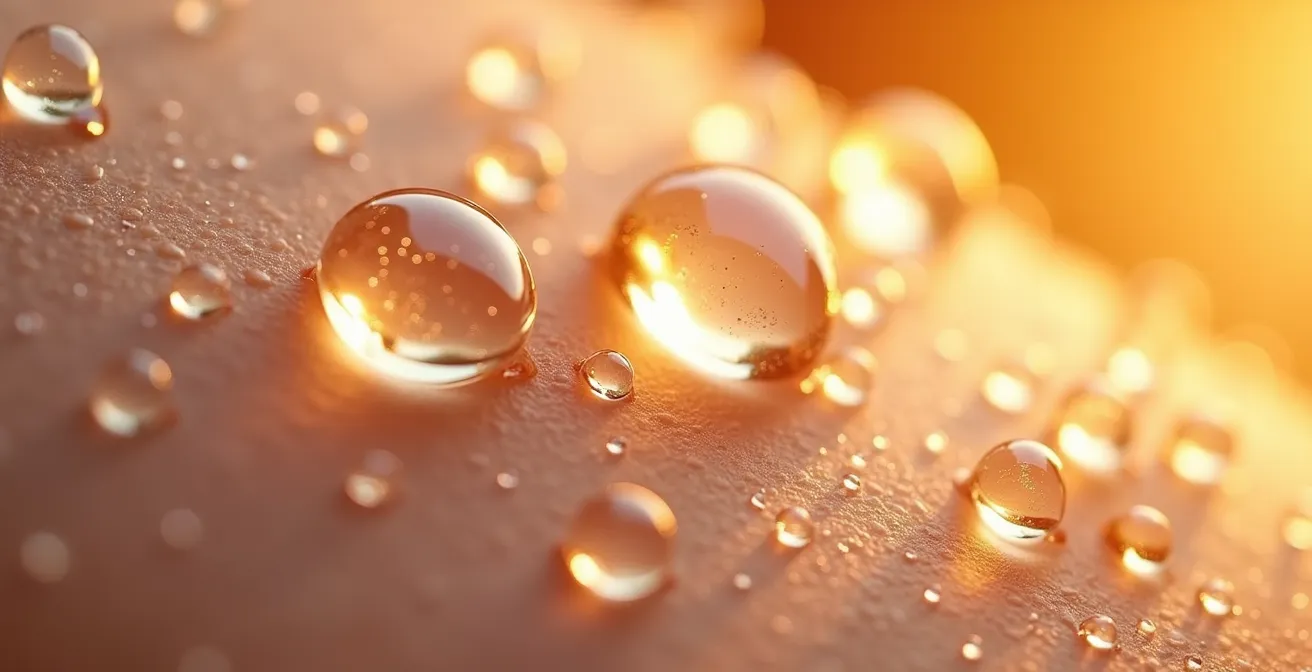 Texture macro de sérum sur peau avec effet de lumière douce révélant la texture cutanée