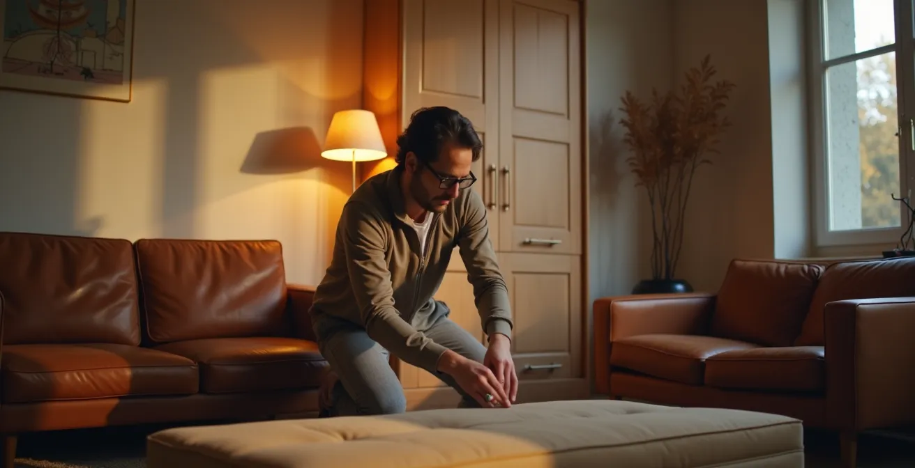 Salon belge avec mobilier modulaire fermé créant une ambiance adulte en soirée