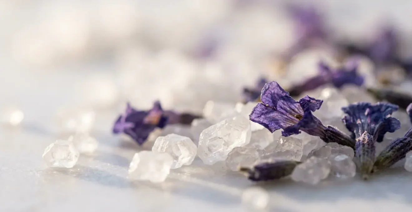 Vue macro de cristaux de sels d'Epsom avec pétales de lavande séchée sur surface de marbre blanc