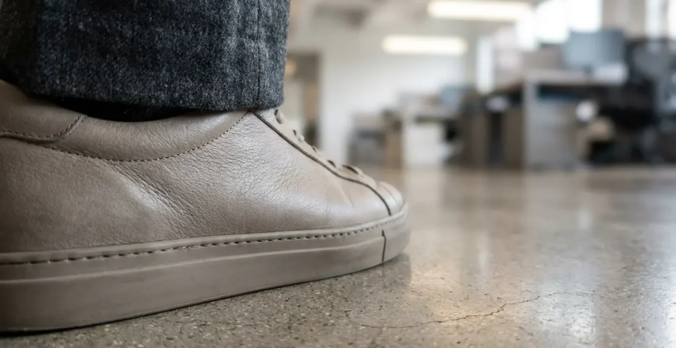 Gros plan sur des sneakers en cuir minimalistes portées avec un pantalon de costume dans un bureau moderne
