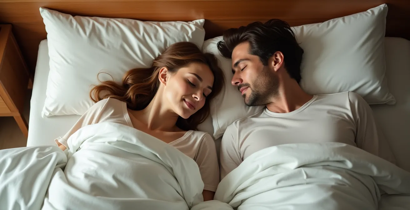 Configuration de lit avec deux matelas simples et surmatelas pont d'amour