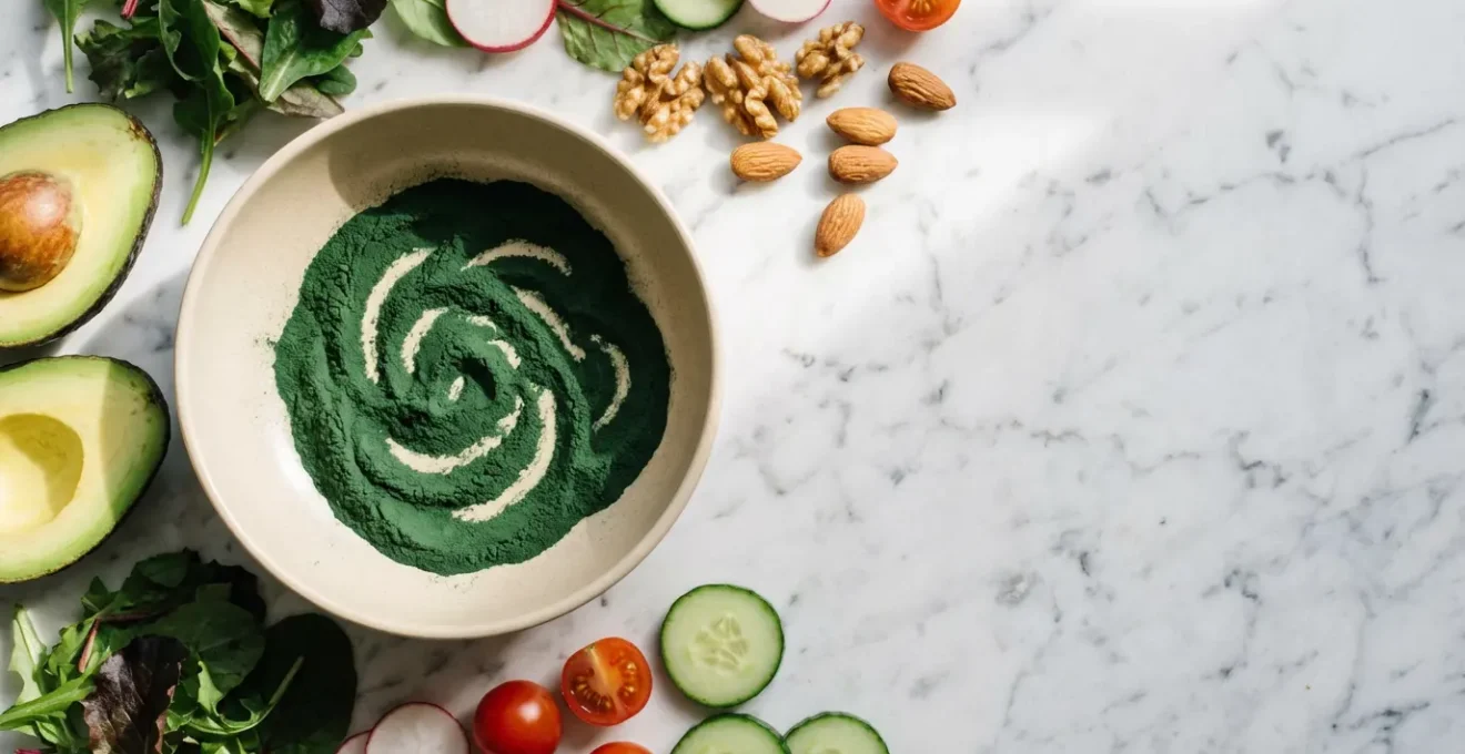 Gros plan sur de la spiruline verte en poudre avec des aliments végétariens colorés