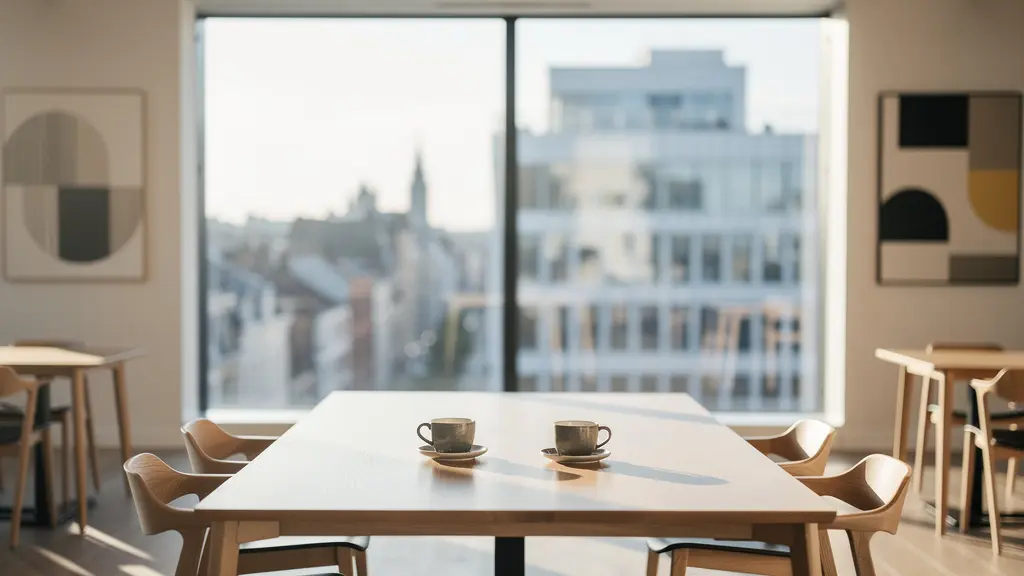 Espace de coworking bruxellois minimaliste avec vue sur la ville, atmosphère professionnelle et chaleureuse