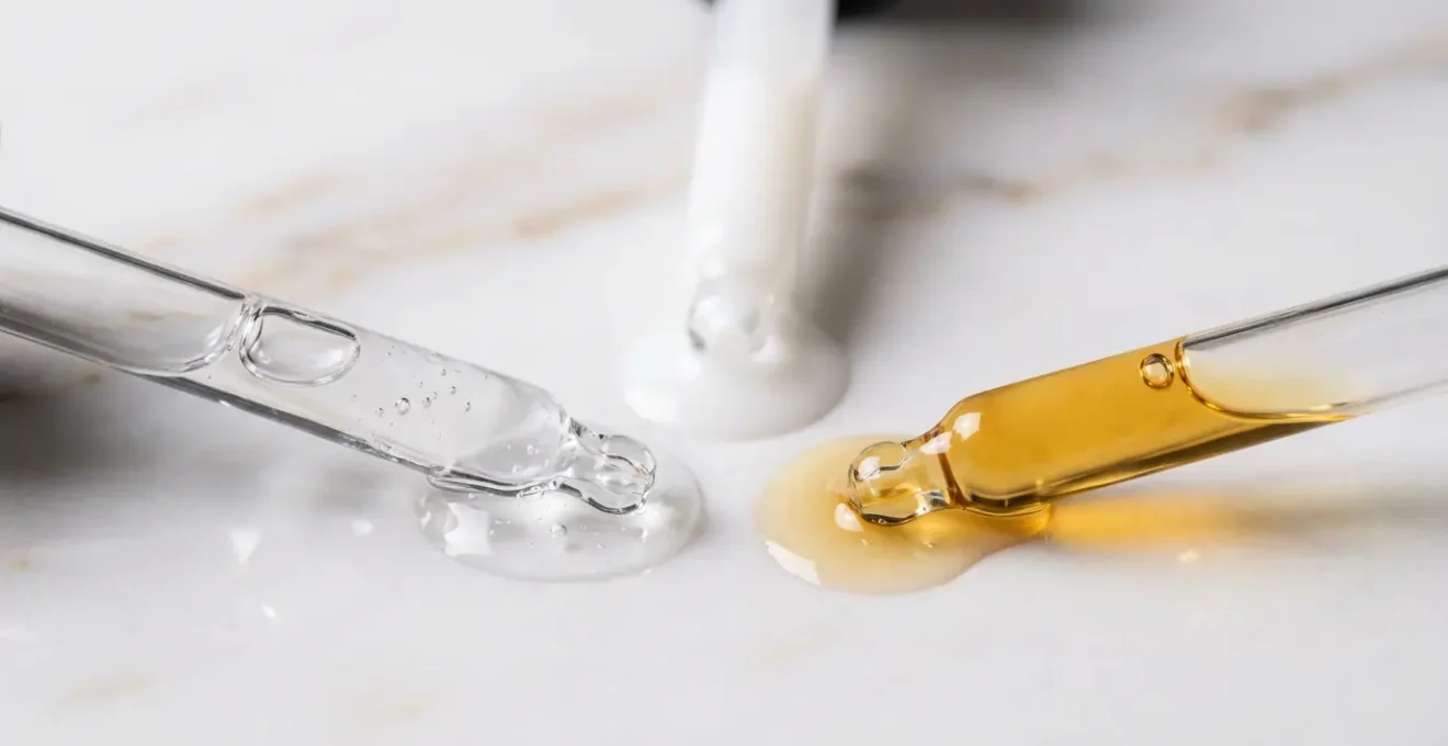 Vue macro de trois flacons compte-gouttes en verre ambré, vert et transparent sur surface de marbre blanc