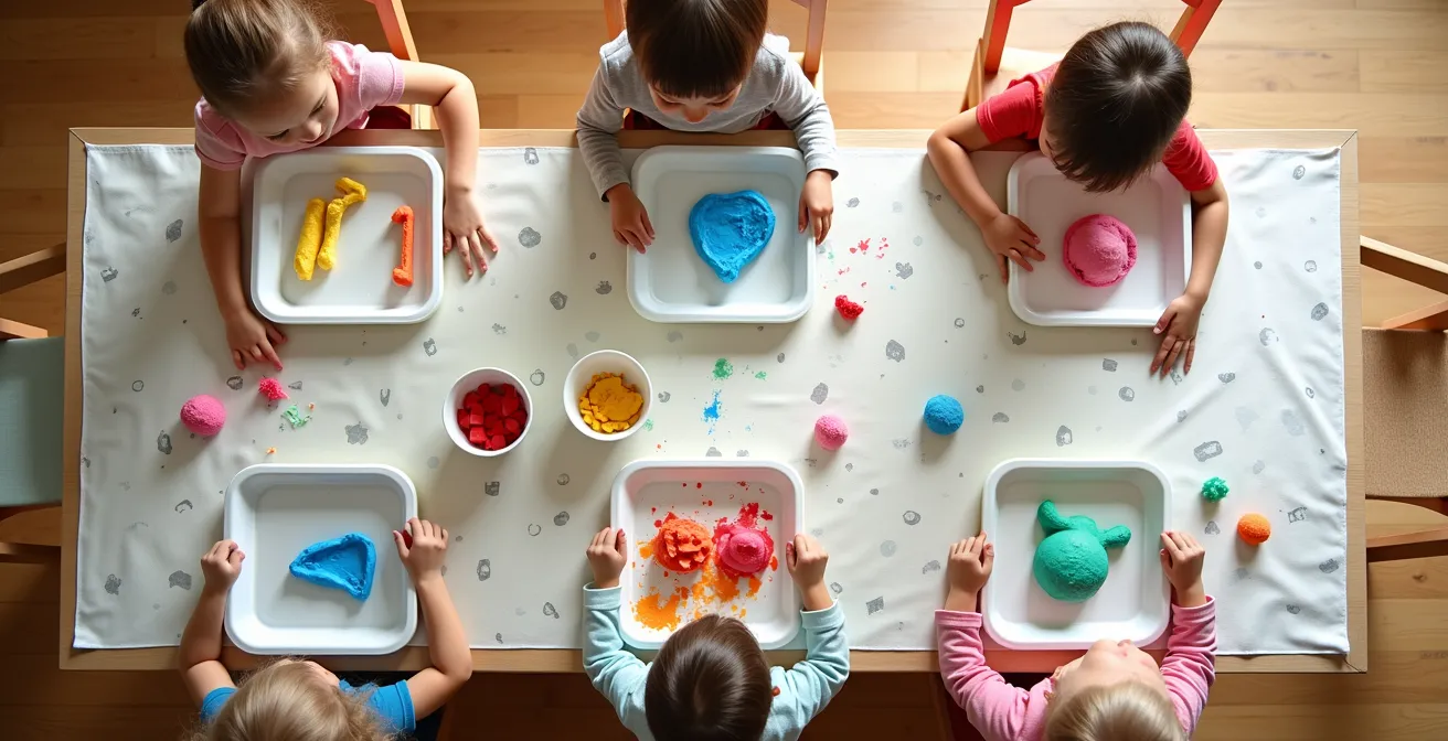 Vue aérienne d'une table avec plateaux colorés délimitant les zones de création pour enfants