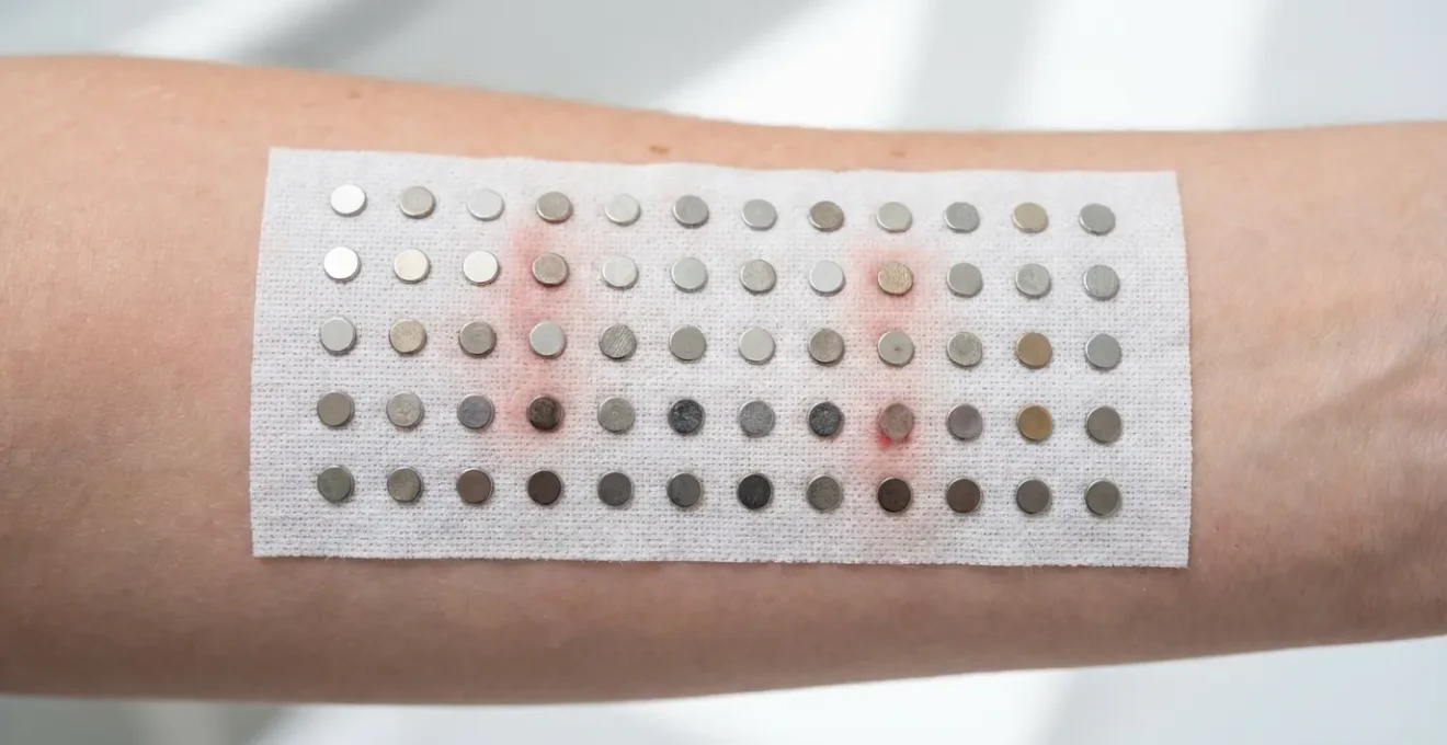 Vue macro d'un test cutané d'allergie au nickel avec différents métaux sur la peau