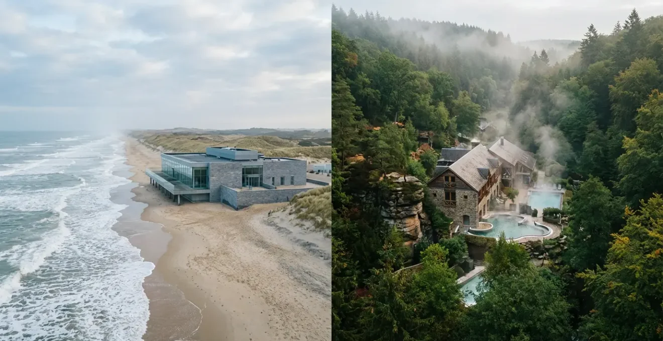 Vue aérienne comparative d'un centre de thalassothérapie en bord de mer et d'un spa thermal en forêt des Ardennes illustrant le contraste entre les deux approches thérapeutiques