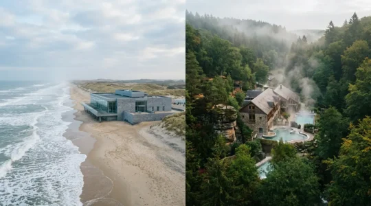 Vue aérienne comparative d'un centre de thalassothérapie en bord de mer et d'un spa thermal en forêt des Ardennes illustrant le contraste entre les deux approches thérapeutiques
