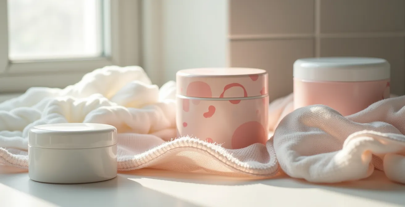 Gros plan sur une trousse de toilette ouverte avec des produits de soin post-partum disposés de manière esthétique