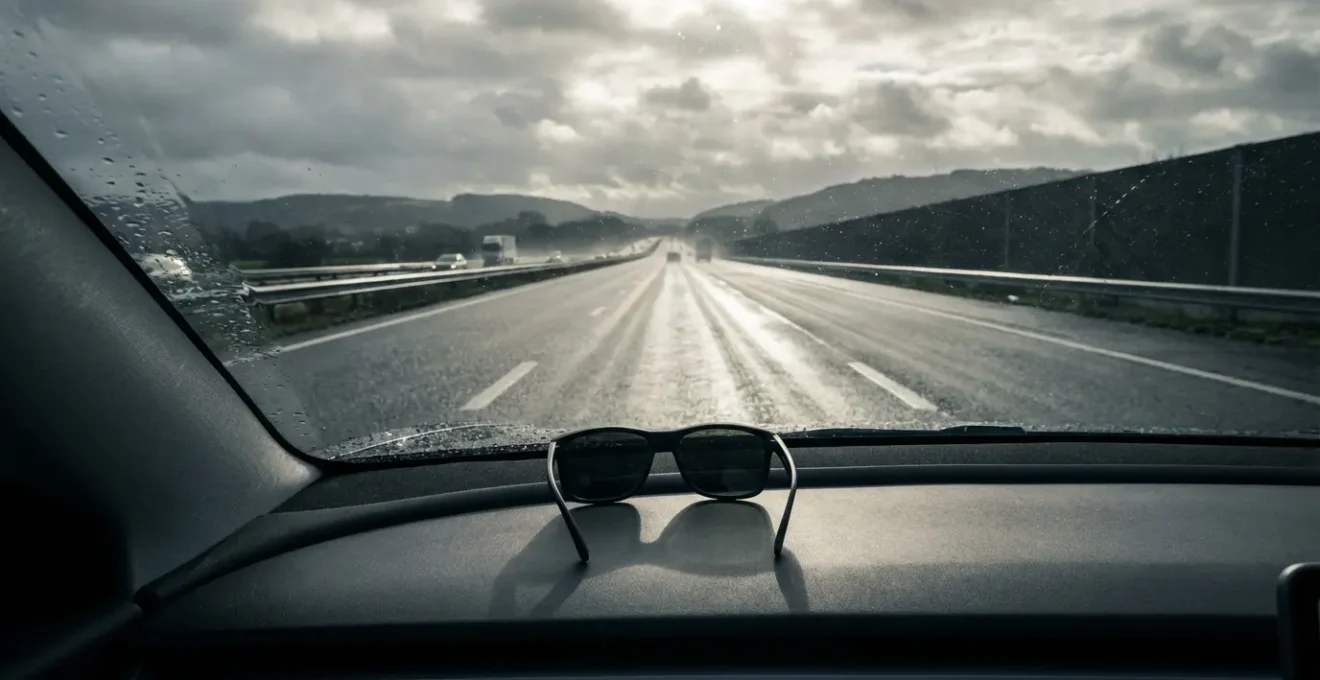 Vue depuis l'habitacle d'une voiture sur une route mouillée belge avec reflets éliminés par verres polarisants