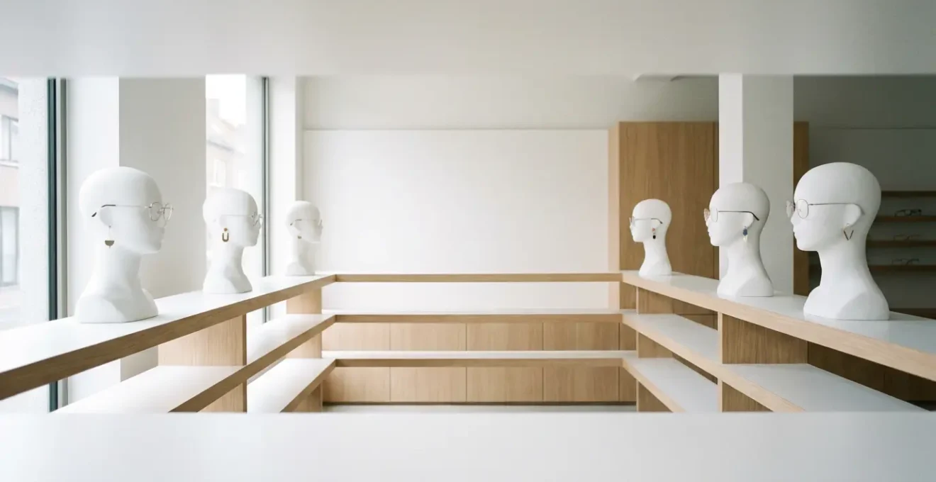 Composition minimaliste montrant différentes formes de visages avec lunettes et boucles d'oreilles harmonisées