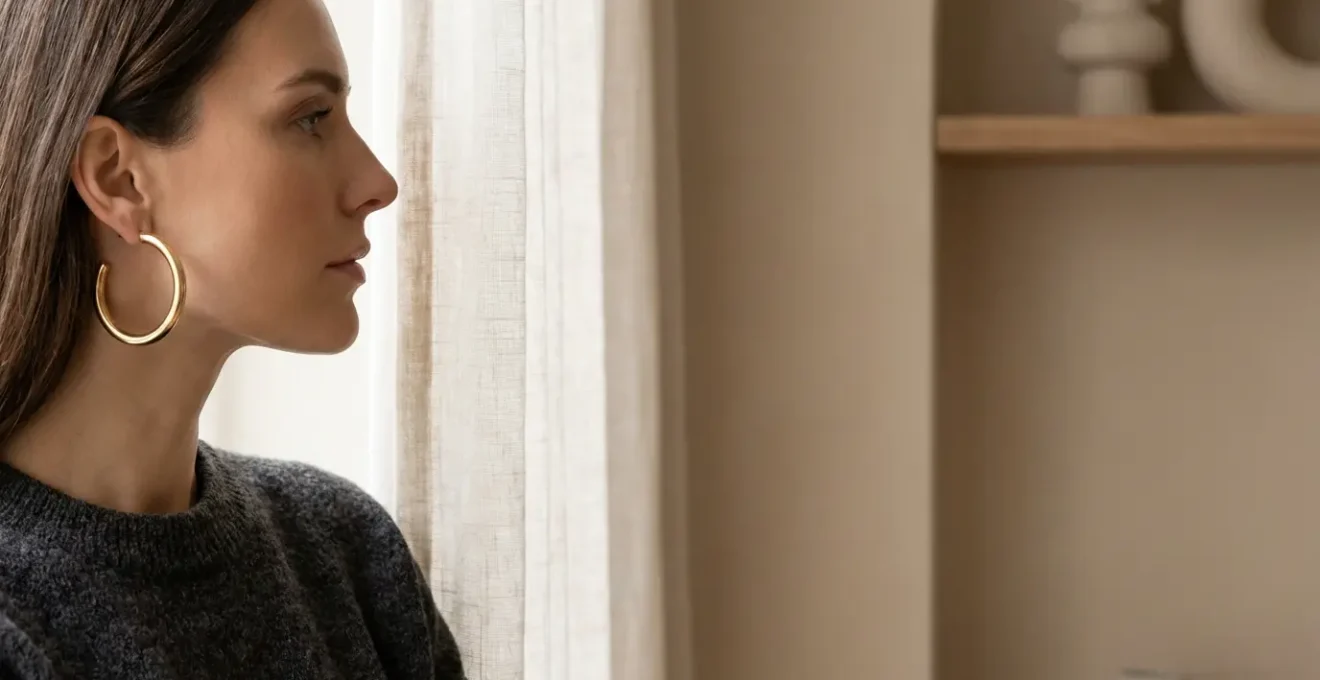 Portrait de profil d'une femme au visage carré portant des créoles dorées lumineuses qui adoucissent ses traits angulaires