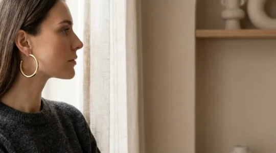 Portrait de profil d'une femme au visage carré portant des créoles dorées lumineuses qui adoucissent ses traits angulaires