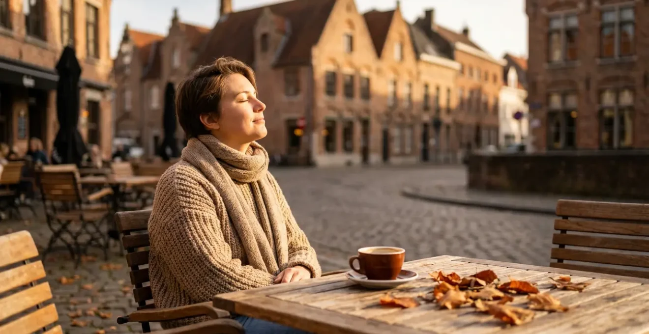 Terrasse ensoleillée d'automne en Belgique avec personne profitant du soleil